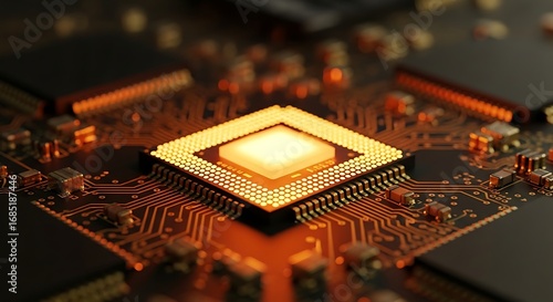 Closeup of a glowing golden computer processor on a circuit board with orange light, representing technology and innovation