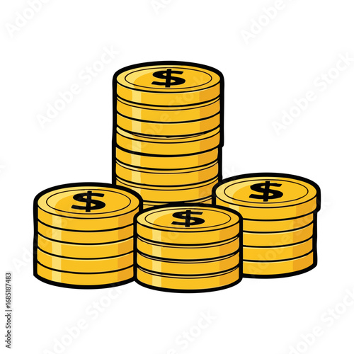 Cartoon gold coin with dollar sign illustration, Stacks of Golden Coins Illustration