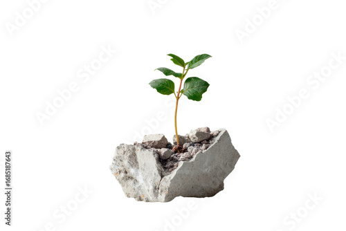 Resilience of growth: A solitary young sprout emerges defiantly from a fractured concrete block, illustrating hope