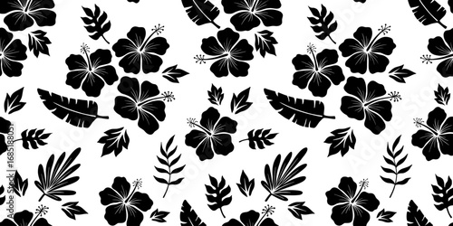 Seamless repeat pattern with hibiscus flower vector black silhouette for shirt, floral monochrome illustrations, summer hawaiian beach plant on white backdrop