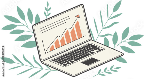 Laptop Displaying a Rising Graph Surrounded by Green Leaves A Digital Growth Concept