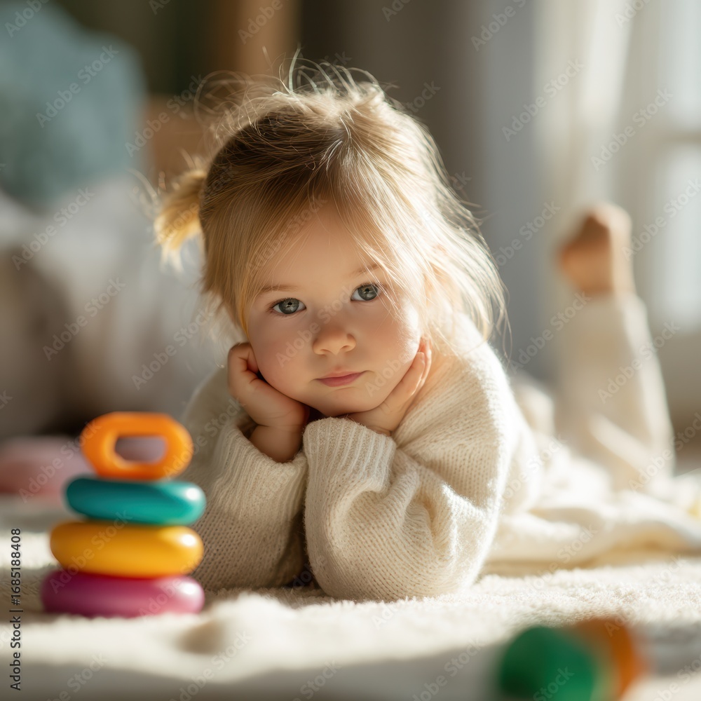 Fototapeta premium Young child playing on the floor with colorful stacking toys in a cozy indoor setting during daylight hours