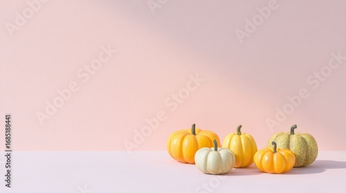 Assorted pumpkins in yellow, orange, green, and cream arranged on a light pink surface, creating a colorful and modern fall setting.