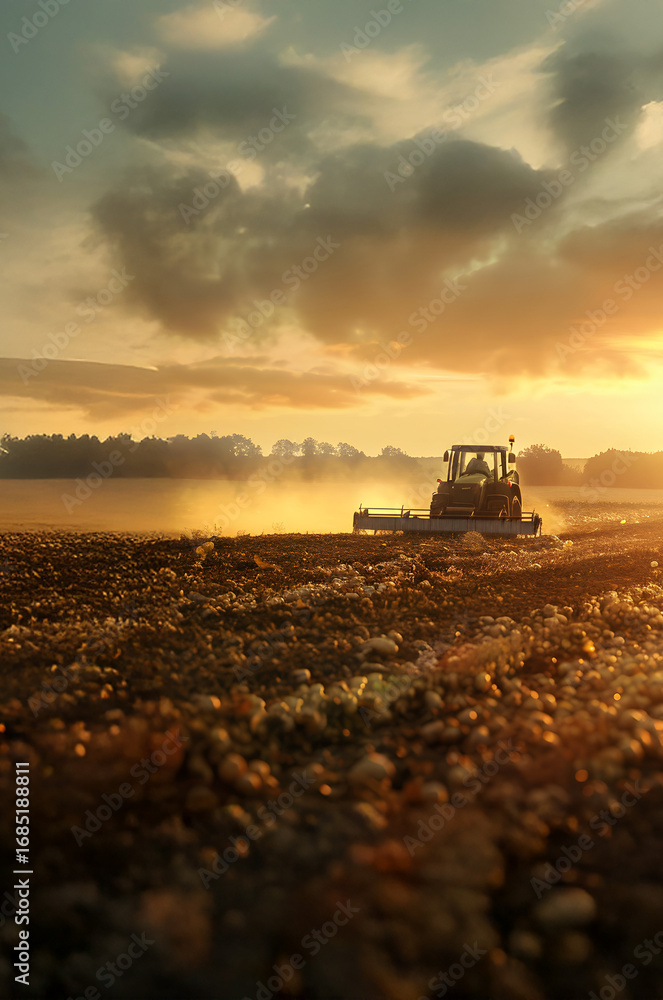 Fototapeta premium Harvester harvesting potatoes in the autumn field with sunshine.