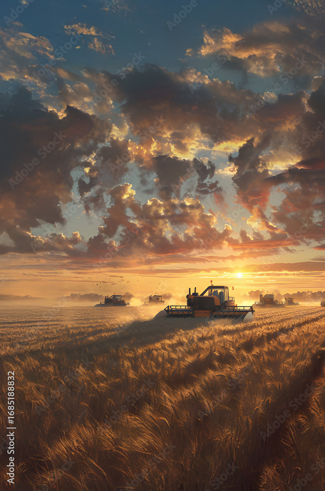 Fototapeta premium Harvester harvesting ripe wheat field in autumn with sunset. Concept of agriculture, agronomy and crop collection.