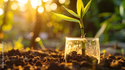 Bamboo Sprout in Glass Cup Growing in Sunlight