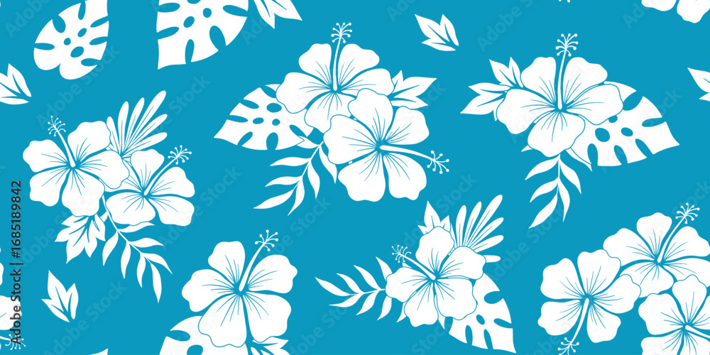 Fototapeta premium Seamless pattern with hibiscus flower and monstera leaf vector silhouette for shirt, floral monochrome illustrations, summer hawaiian beach plant on blue backdrop