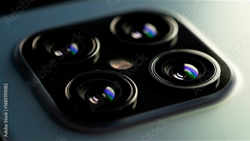 Extreme close-up of a modern smartphone's multi-lens camera system with colorful reflections on the glass.