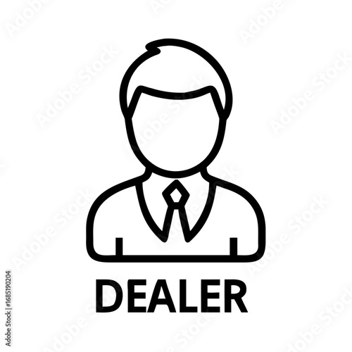 Outline drawing of a person in business attire with the word dealer underneath the image itself