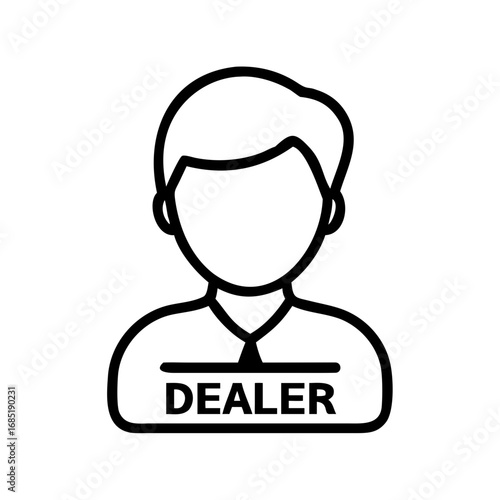 Simple graphic of a person with a dealer name tag around their neck in black outline style design
