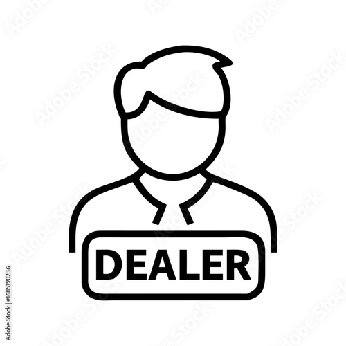 Outline drawing of a person with a sign that says dealer in bold black letters below the neck area
