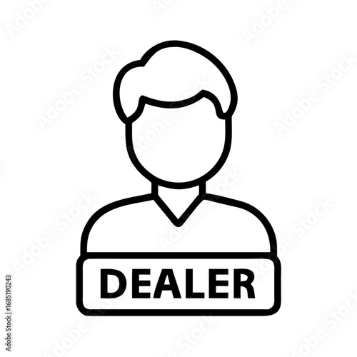 Outline drawing of a person with a sign that says dealer around their shoulders and neck area