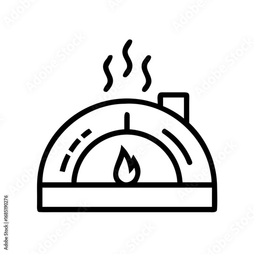 Simple graphic of a pizza oven with a flame inside and smoke coming from the chimney top