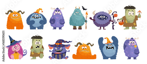 Cute cartoon monsters with different emotions set in bright Halloween style. Funny colorful characters with pumpkins, candies, hats for kids design, stickers, party prints, holiday decorations. Vector