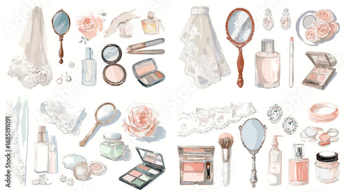 Romantic watercolor illustration of wedding makeup, veil, perfume, jewelry, and flowers. Perfect for bridal invitations, beauty branding, and romantic design themes.
