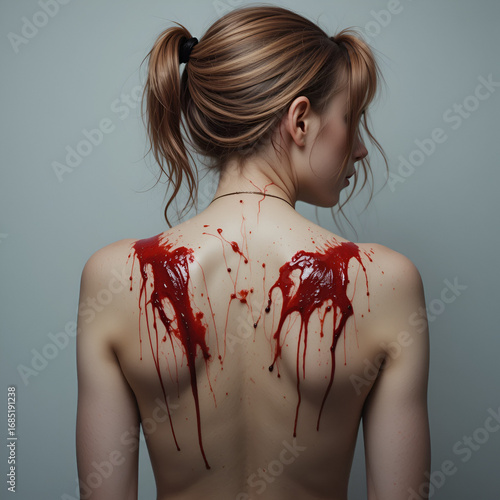 The girl with bloodsuckers on a back on a white background.