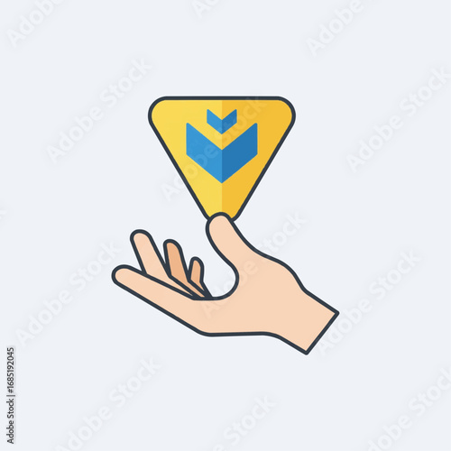 A stylized illustration of a hand holding a yellow triangular icon with a blue abstract symbol, representing value or knowledge.