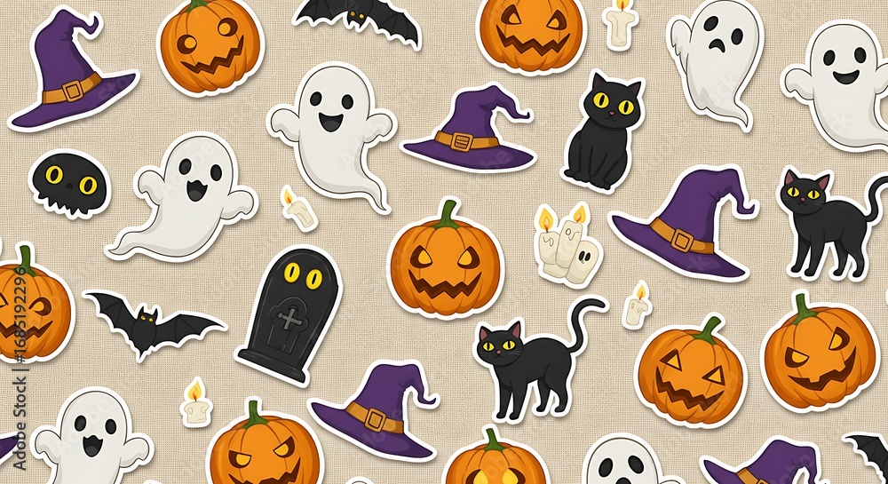 Fototapeta premium A halloween themed background featuring pumpkins ghosts cats bats hats candles and a tombstone sticker art
