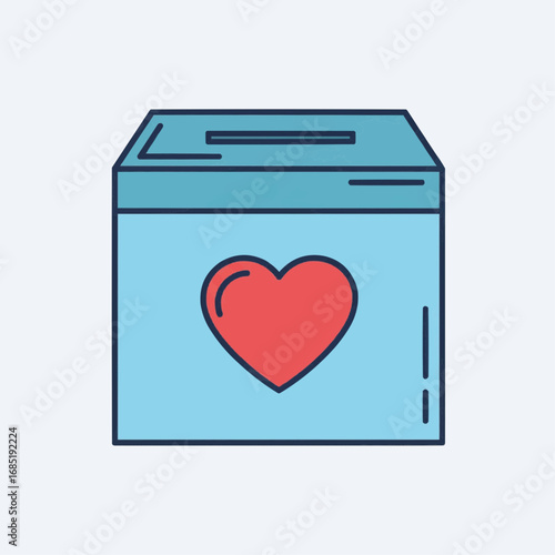 A light blue donation box with a red heart symbol on its front, representing charity and giving.