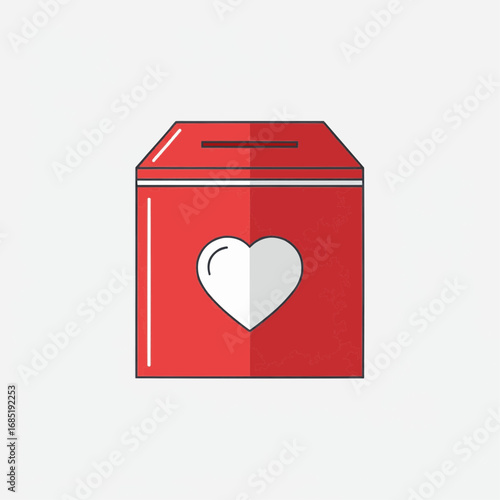 Red donation box with a white heart icon, featuring a slot for contributions, on a light background.