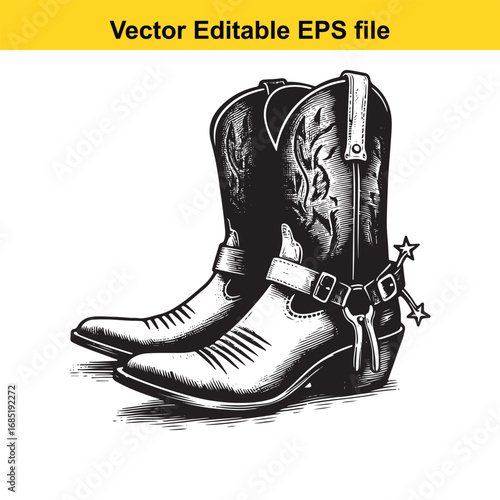 Pair of cowboy boots with spurs, isolated on white background