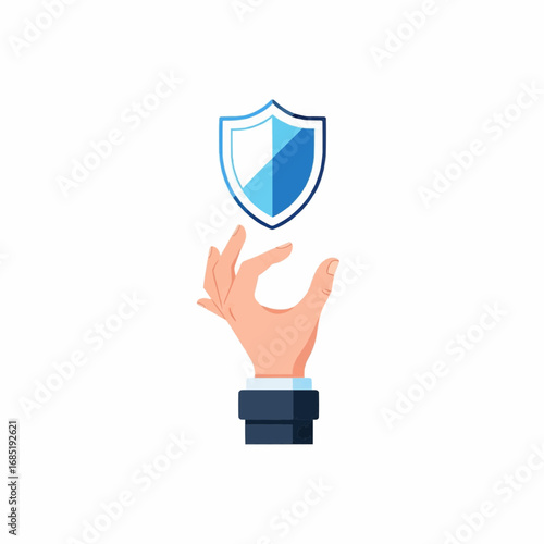 Create a concise description, between 6 and 180 characters, without keyword lists.     *   "A cartoon hand in a suit cuff holding a blue and white shield ico...