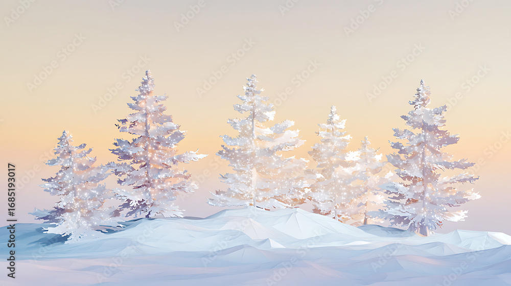 Fototapeta premium A tranquil digital illustration of a snowy winter landscape featuring a grove of frosty pine trees illuminated by the soft golden light of a morning sunrise