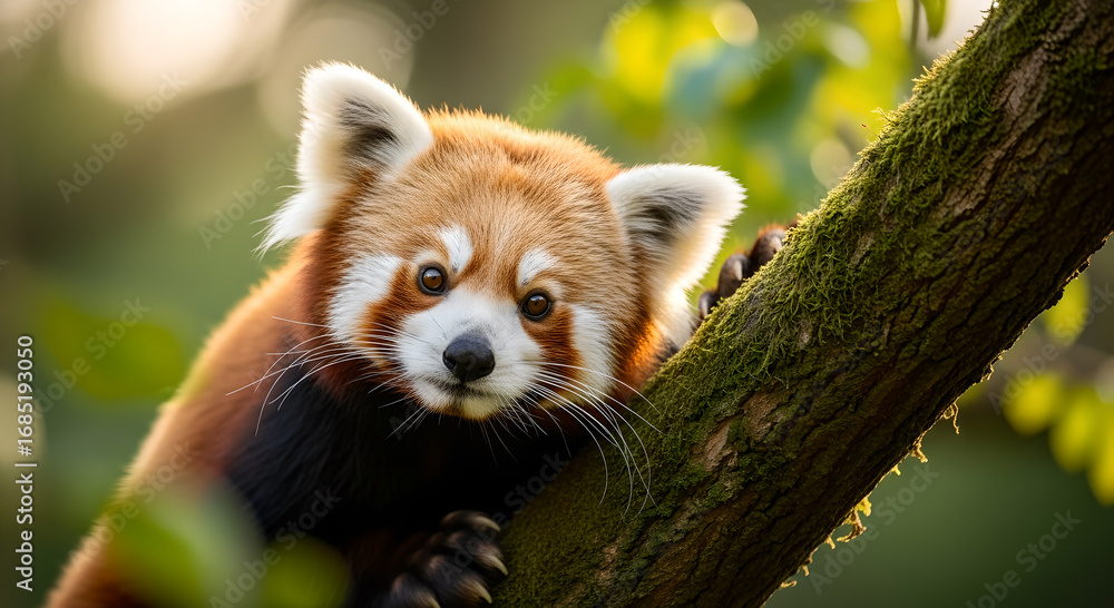 Obraz premium Red panda portrait in a verdant forest, captured in a natural setting with a soft, blurred