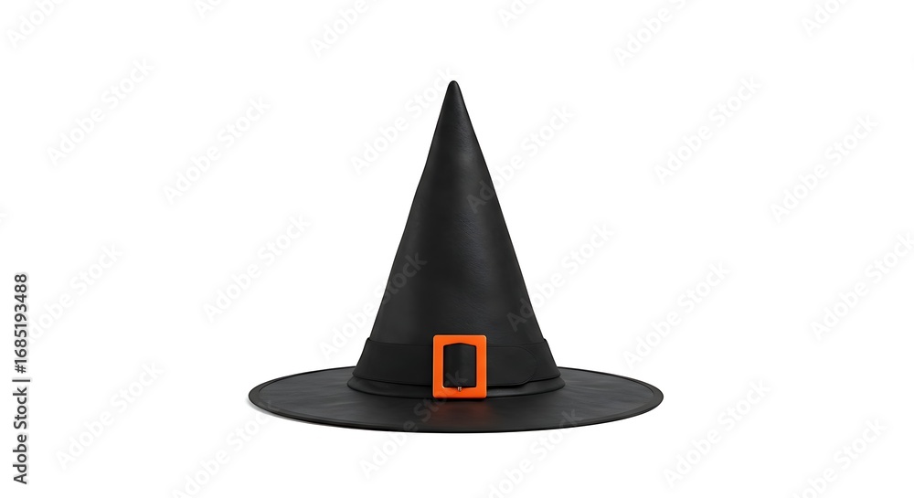 Fototapeta premium A single black witch hat with an orange buckle isolated on a plain white background in a studio shot