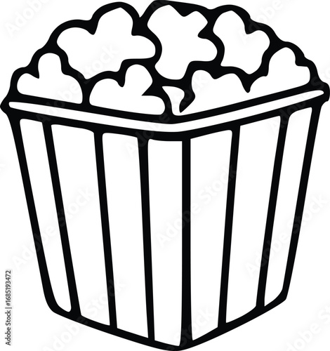 Black and white hand-drawn popcorn illustration, ideal for cinema and snacks.