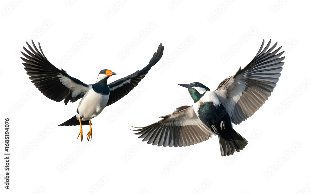 Fototapeta premium Two vibrant birds captured mid-flight, showcasing their magnificent wingspans against a clean white background.