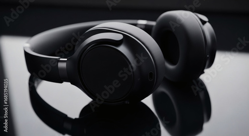 Close-up of modern wireless headphones on dark reflective surface with dramatic side lighting highlighting sleek contours, professional product photography with no visible logos or trademarks