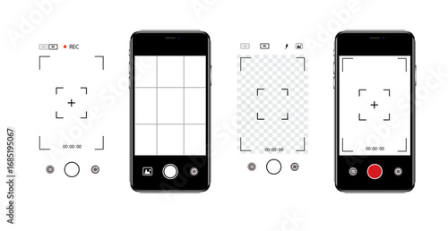Viewfinder Camera interface in phone screen. Photo, video ui in cellphone. App for record from mobile cam. Grid, focus, button and rec. Smartphone mockup. Vector.