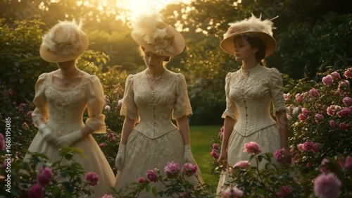 Three women in vintage dresses among roses in garden warm light