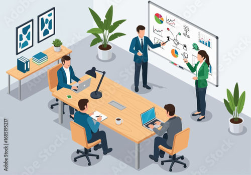 A business meeting in a modern office with a whiteboard presentation and participants collaborating around a conference table.