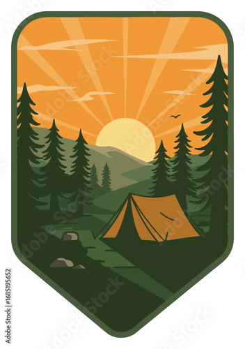 Camping scene with a tent nestled in a forest, mountains in the background, and a rising sun with rays.