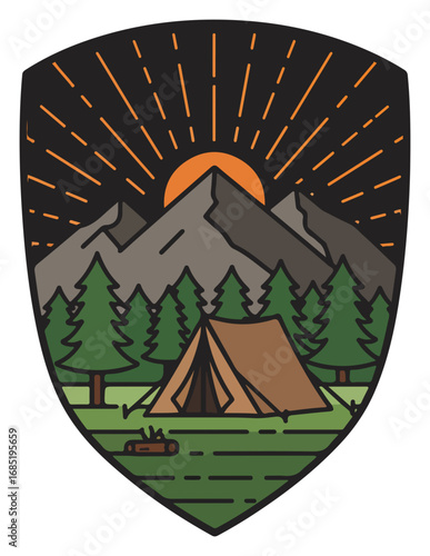 A stylized shield design showcasing a serene mountain landscape with a camping tent, symbolizing outdoor adventure and nature.