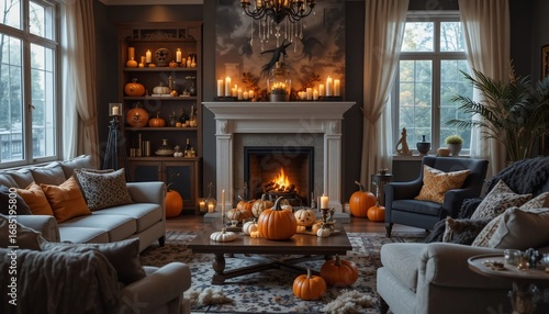 Halloween themed living room interior fireplace pumpkins candles and sofas