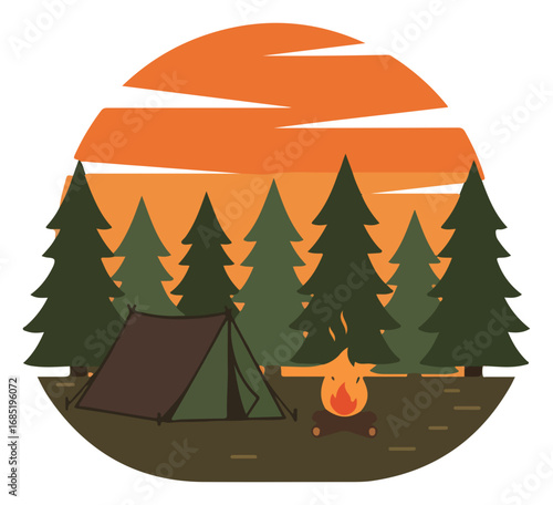 Camping scene at sunset in a pine forest, with a tent and campfire.