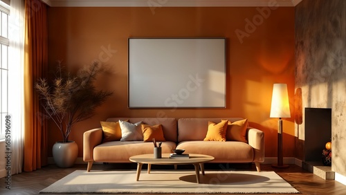 Create a serene retreat with an autumn interior design boasting amber hues, plush seating, and minimalistic art complemented by ambient lighting.