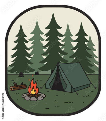 A stylized camping scene in a forest, featuring a campfire and tent.
