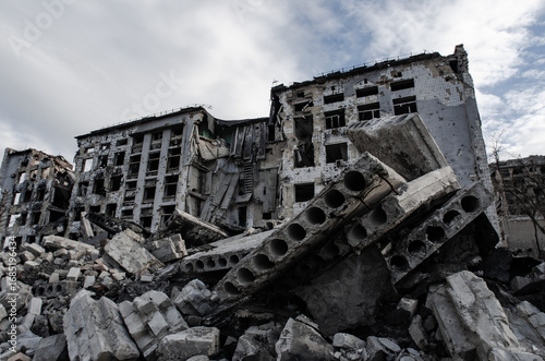 ruined street and destroyed houses the city war in Ukraine