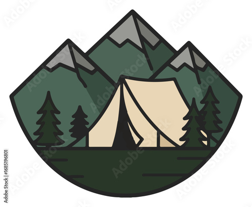 A serene camping scene nestled amidst majestic mountains and evergreen trees.