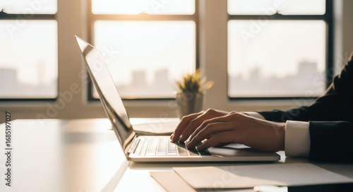 Professional office photo of open laptop on desk with hands typing, sunlight streaming through blurred windows in background, clean modern workspace with no visible brand or logo