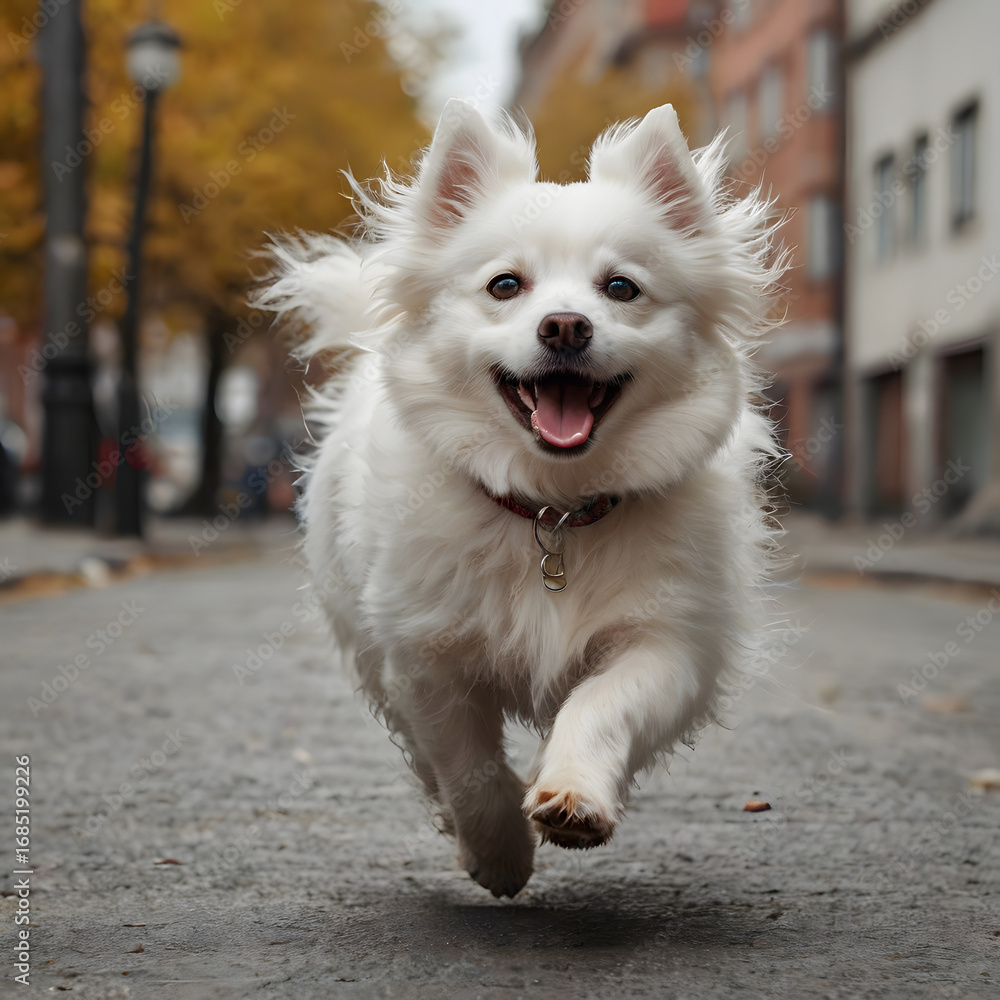 Fototapeta premium A white dog of the Pomeranian breed with a collar is happily running down the street, and behind it