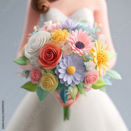 Bride holding a colorful bouquet of assorted paper flowers