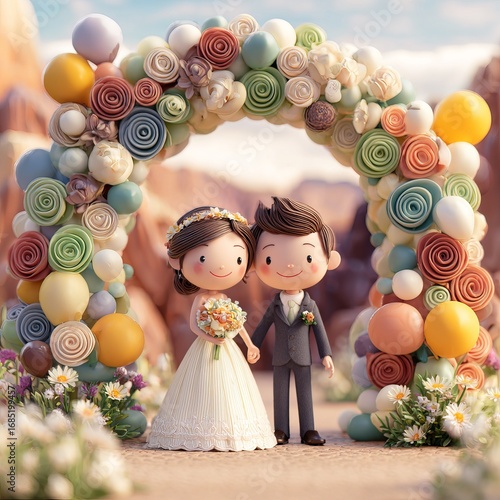 Cute cartoon couple under a colorful floral wedding arch