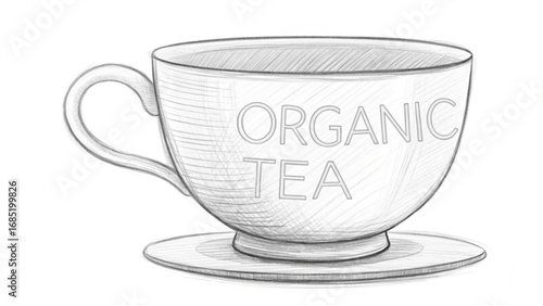 Sketch of a teacup with Organic Tea text saucer