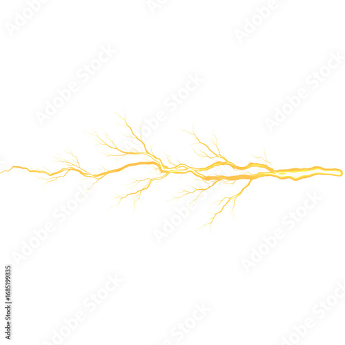 Bright yellow lightning bolt striking horizontally across a transparent background isolated on transparent background