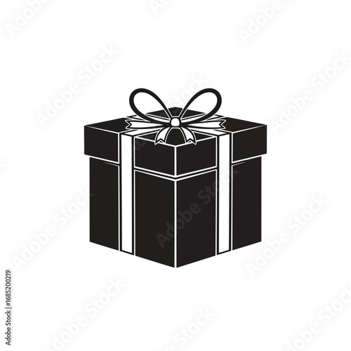 Vector art of a minimalist black and white gift box with ribbon and bow, , symbolizing celebration and surprise in a modern style